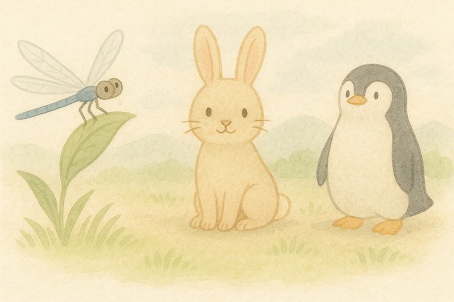 イラストパターンB:トンボ・うさぎ・ペンギン