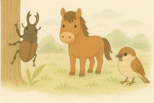 イラストパターンD:カブトムシ・馬・スズメ