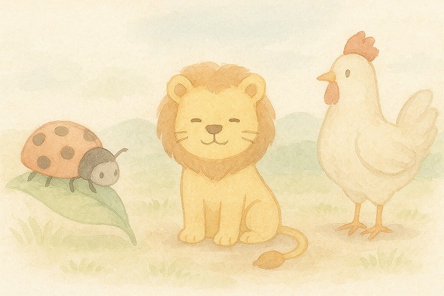 イラストパターンA:てんとう虫・ライオン・ニワトリ